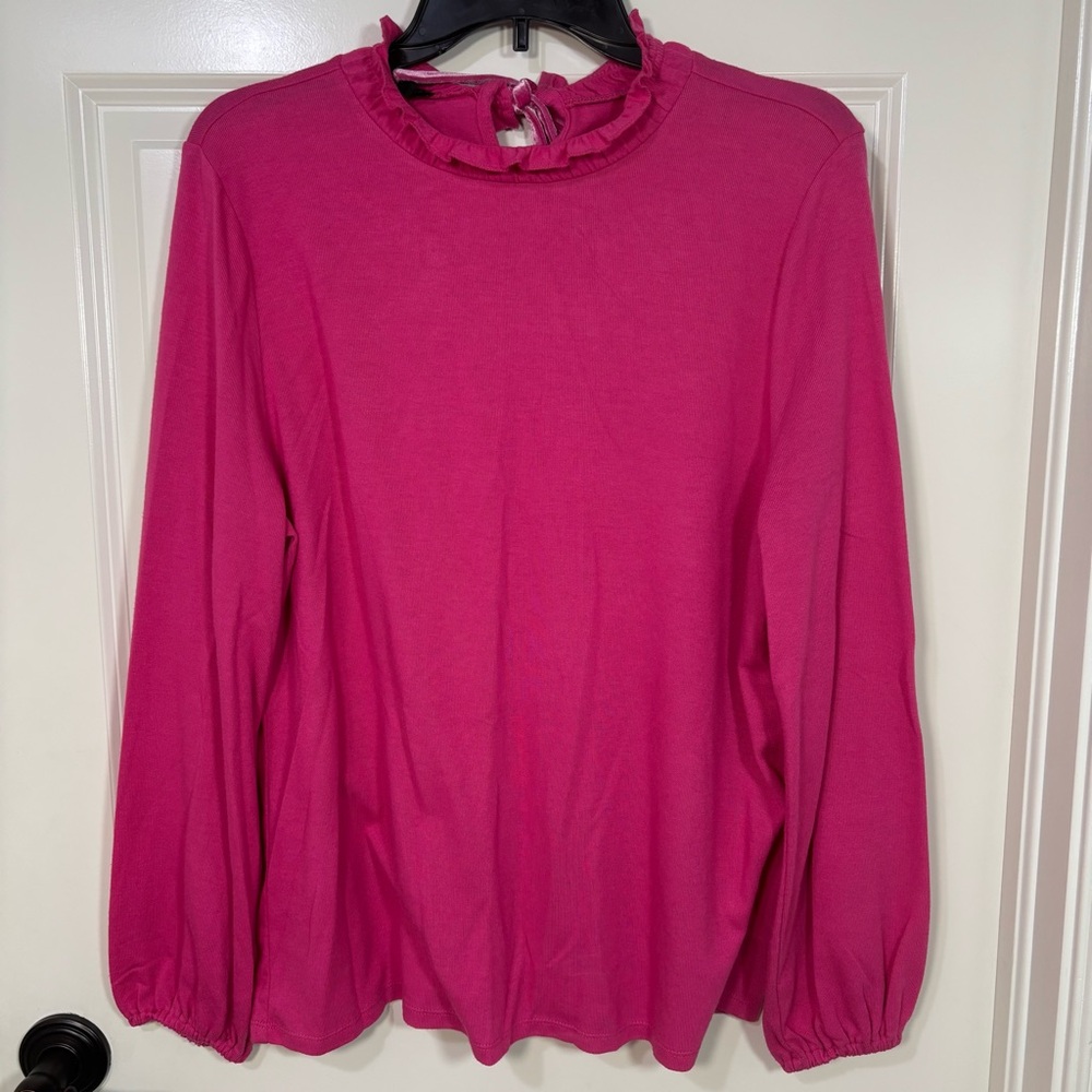 Talbots Ruffle Mock Neck Blouse Cuffed Wrist Pink Velvet Tie Women’s XLP